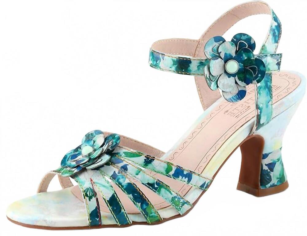 NEW SPRING FOOTWEAR women's leather heeled sandals in blue multi